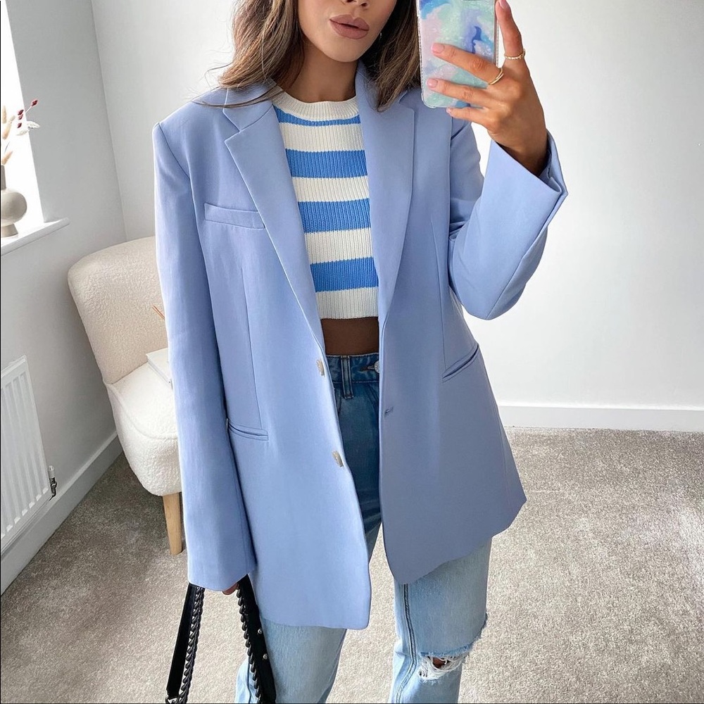 Pastel Blue Straight Cut Blazer with pockets